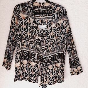 Sweater Cardigan Fitting Image Black Brown Wood Bead Tie LS Crinkle USA Size 22